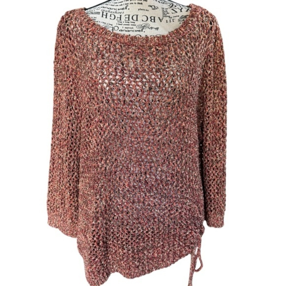 Ruby Rd. Bronze mix Metallic open crochet tie-waist crew‎ neck sweater sz 2x EUC